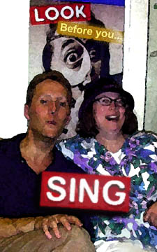 illustration of two people singing on a train in Australia with the text 